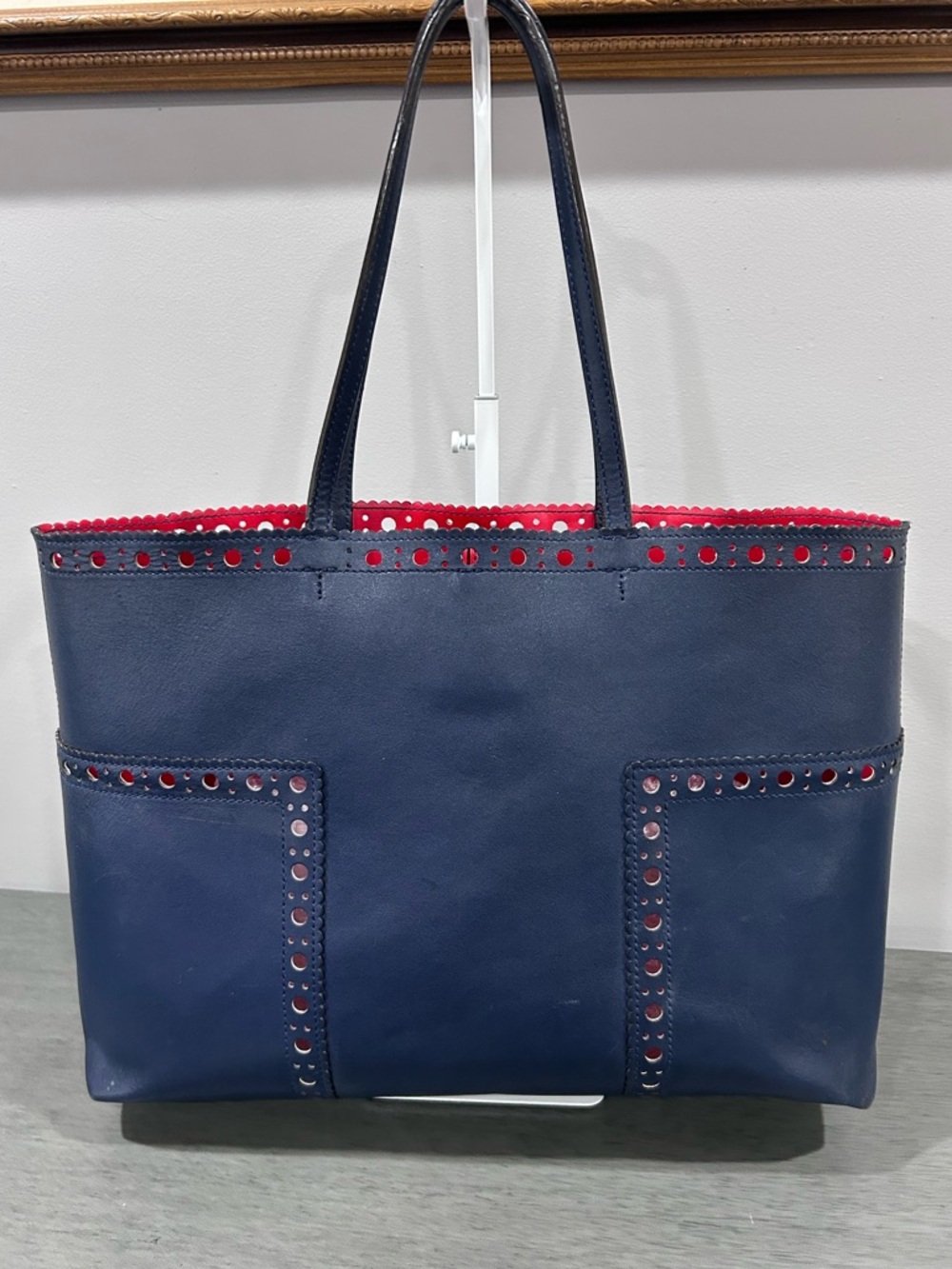 Tory Burch Navy Leather Tote with Red Accent - Picture 2 of 11